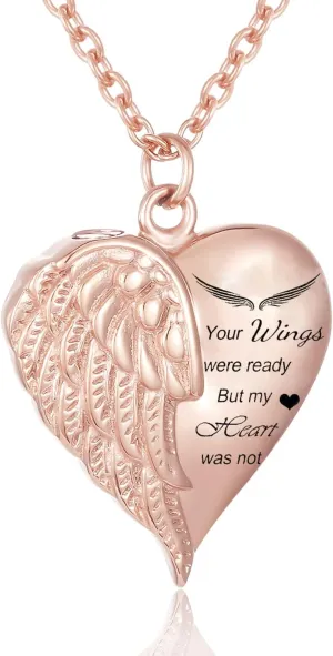 Heart Cremation Urn Necklace Human Ashes Jewelry for Women Men Engraved Your Wings were Ready but My Heart was Not Angel Wings Memorial Pendant Necklace Gift for Family Members