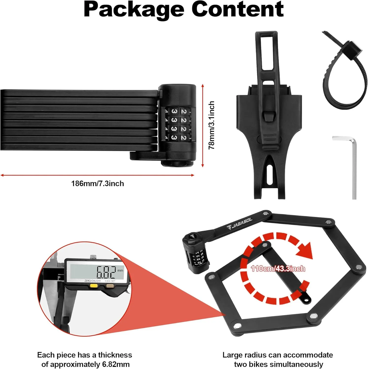 Heavy Duty Anti-Theft Folding Bike Lock, Combination Fold Chain Lock for Bicycle Scooter Motorcycle, 0.8 Inches Wide 0.3 Inches Thick Alloy Steel, Anti-Pinch, Anti-Crush, Anti-Saw, 110 cm