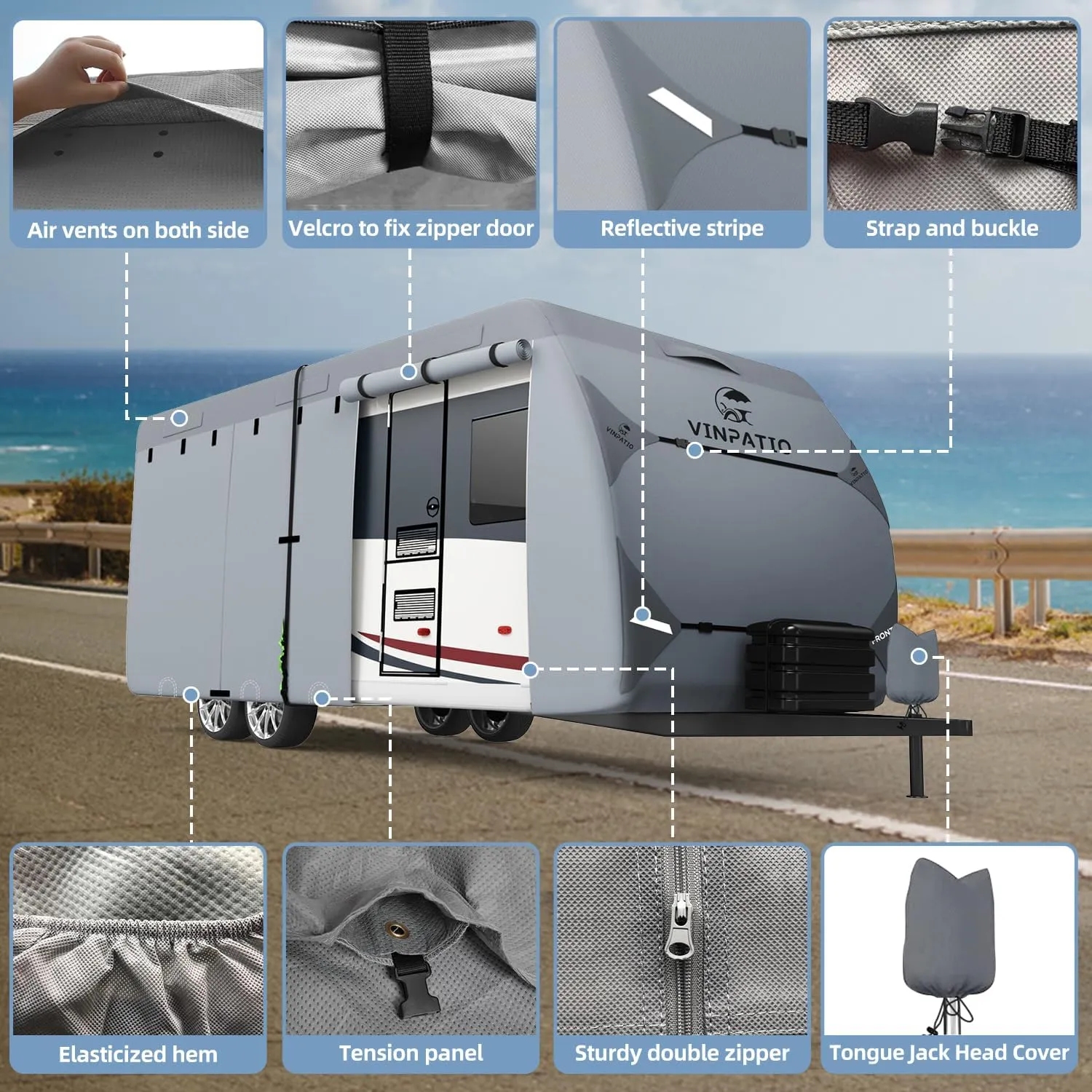 Heavy Duty RV & Trailer Cover - 7 Layers, Fits 20'-22' Travel Trailer, Toy Hauler & Camper Cover with Tongue Jack Protection, Windproof Straps & Gutter Covers