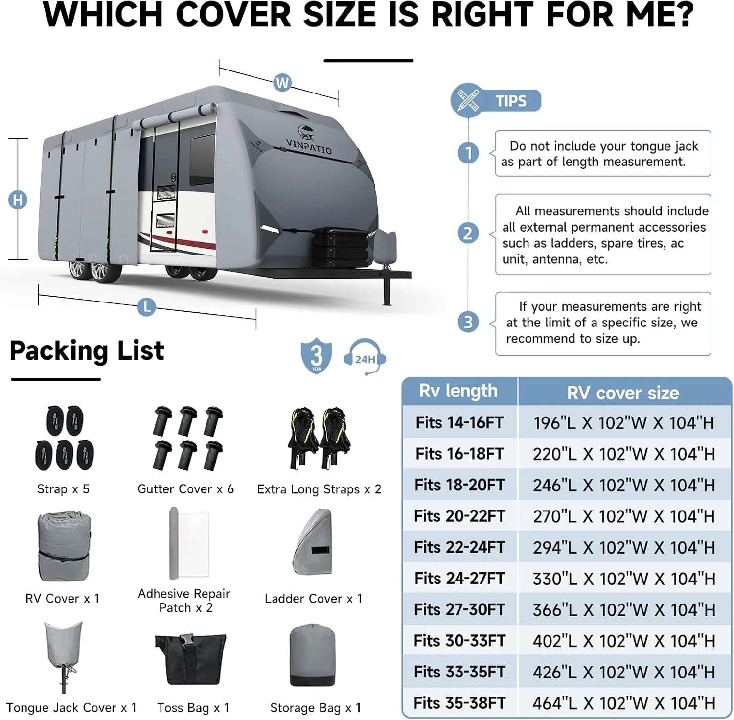 Heavy Duty RV & Trailer Cover - 7 Layers, Fits 20'-22' Travel Trailer, Toy Hauler & Camper Cover with Tongue Jack Protection, Windproof Straps & Gutter Covers