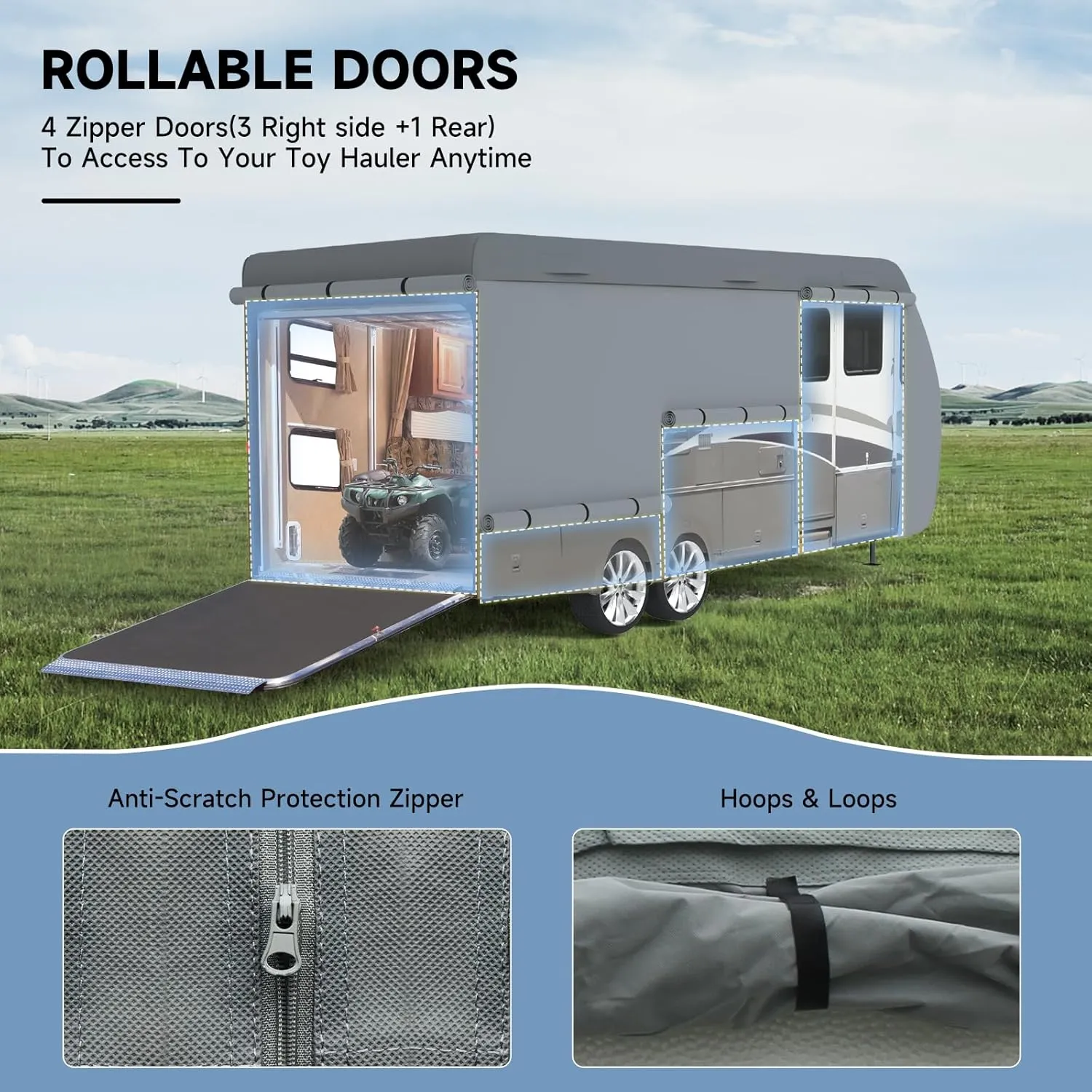 Heavy Duty RV & Trailer Cover - 7 Layers, Fits 20'-22' Travel Trailer, Toy Hauler & Camper Cover with Tongue Jack Protection, Windproof Straps & Gutter Covers