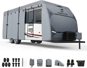 Heavy Duty RV & Trailer Cover - 7 Layers, Fits 20'-22' Travel Trailer, Toy Hauler & Camper Cover with Tongue Jack Protection, Windproof Straps & Gutter Covers