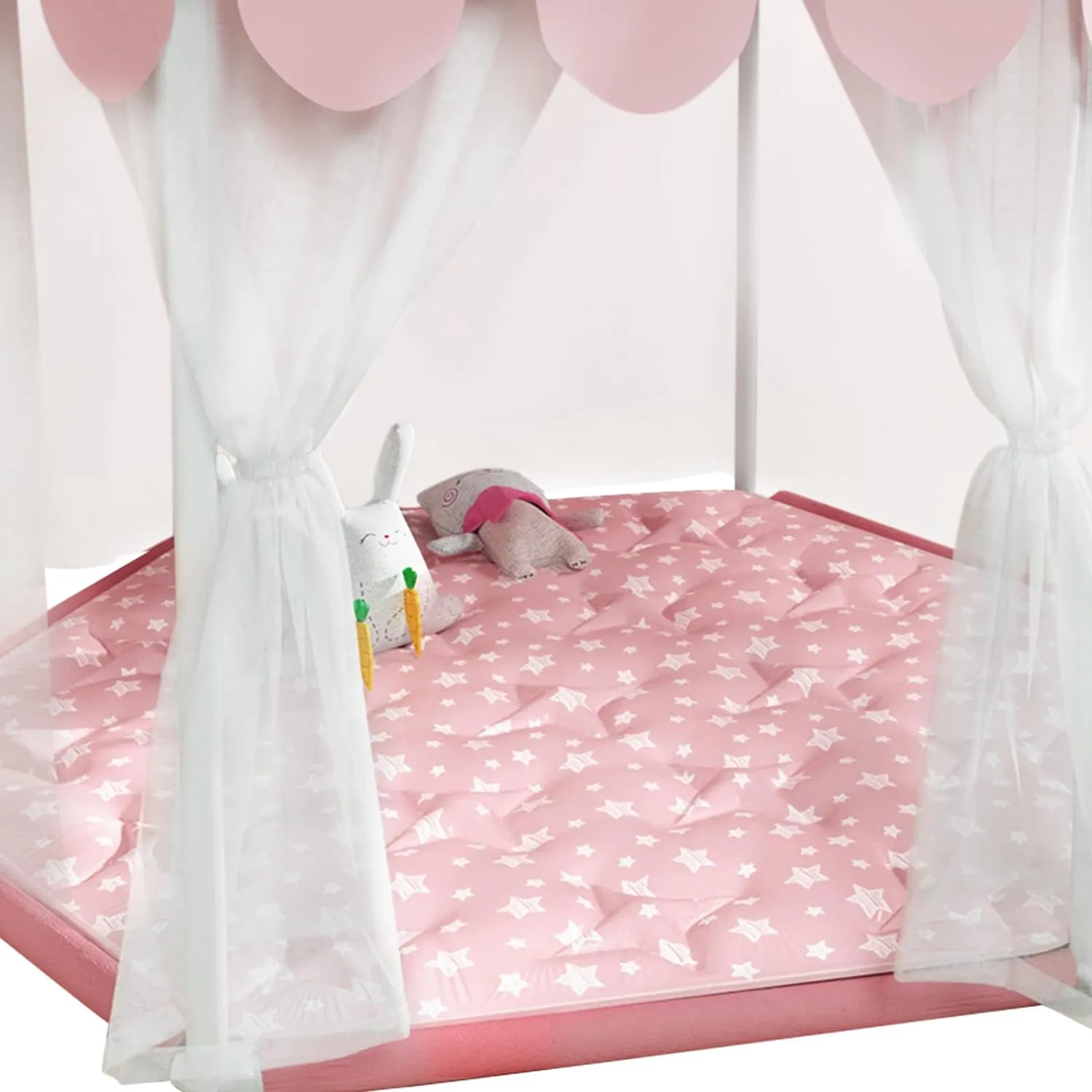 Hexagon Mat Princess Tent Rug, Plush Soft Playpen Mat Fitted for Monobeach Princess Castle, Non Slip Pink Star Nursery Rug for Baby Girl Room Decor, 55" L x 47" W