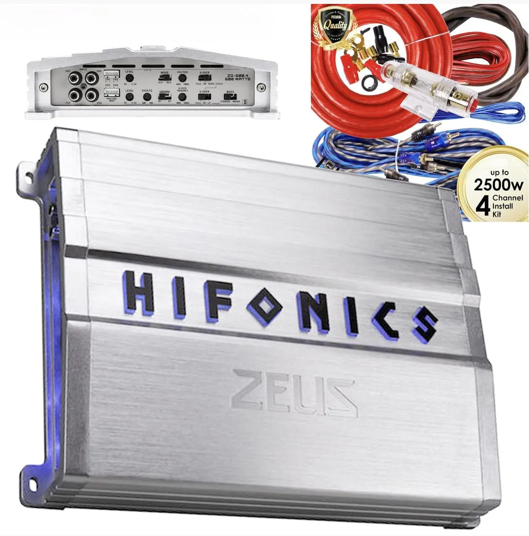 Hifonics ZG-600.4 600 Watt 4-Channel Car Audio Amplifier Class A/B   Complete 4 Channel 2500W 4 Gauge Amp Kit (Red)