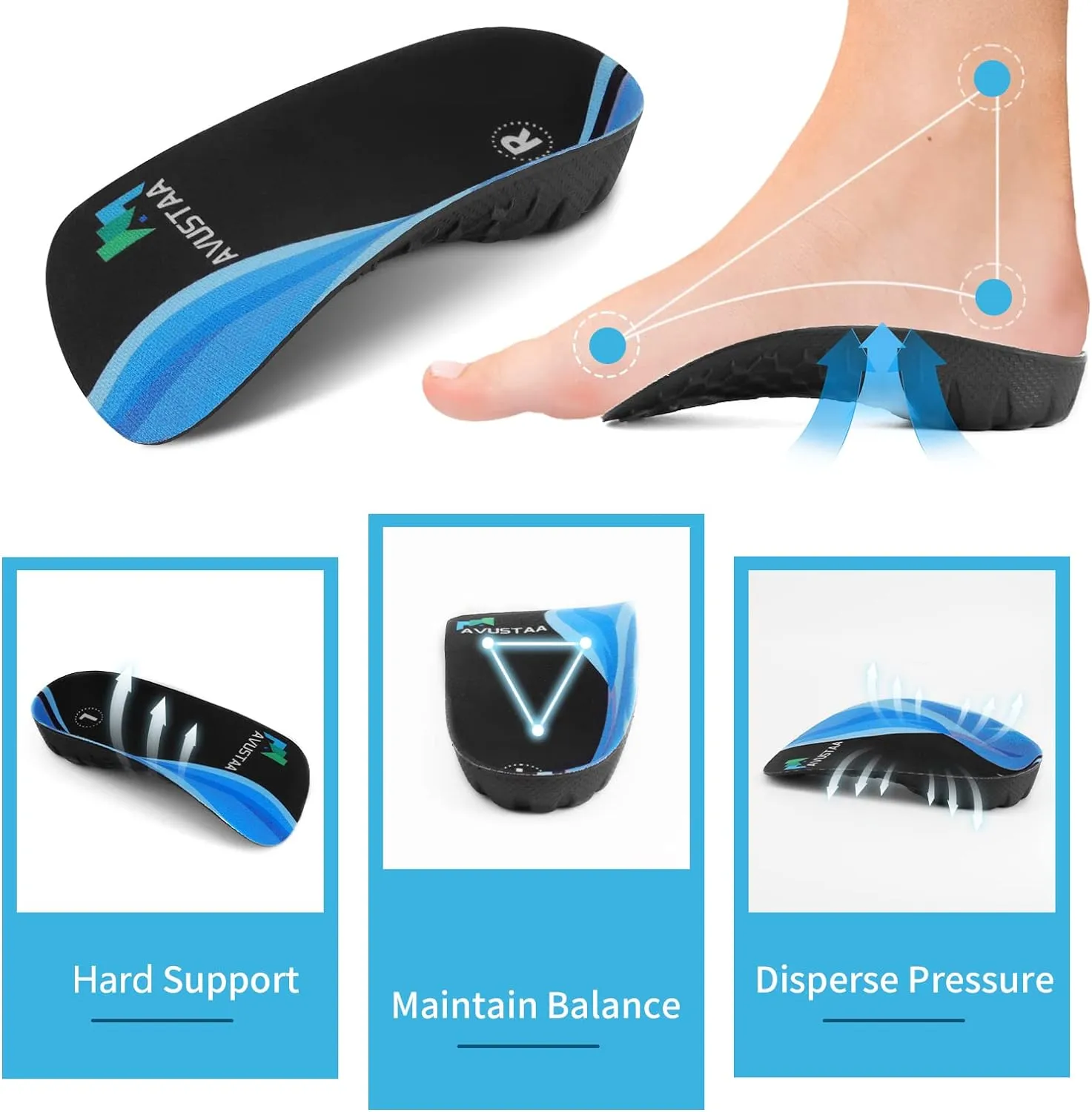High Arch Support Insoles 3/4 Orthotic Inserts for Flat Feet Plantar Fasciitis Relief Overpronation, Shoes Insoles for Men Women Running, Black and Blue(M:Men 6.5-8.5, Women 7.5-9.5)