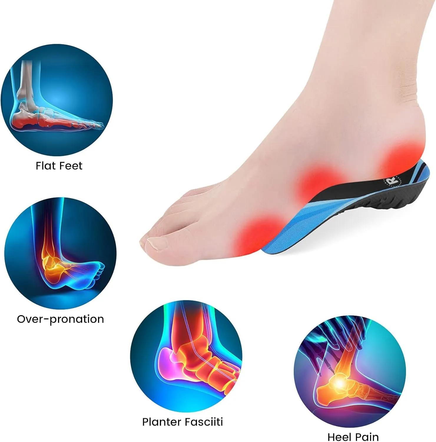 High Arch Support Insoles 3/4 Orthotic Inserts for Flat Feet Plantar Fasciitis Relief Overpronation, Shoes Insoles for Men Women Running, Black and Blue(M:Men 6.5-8.5, Women 7.5-9.5)