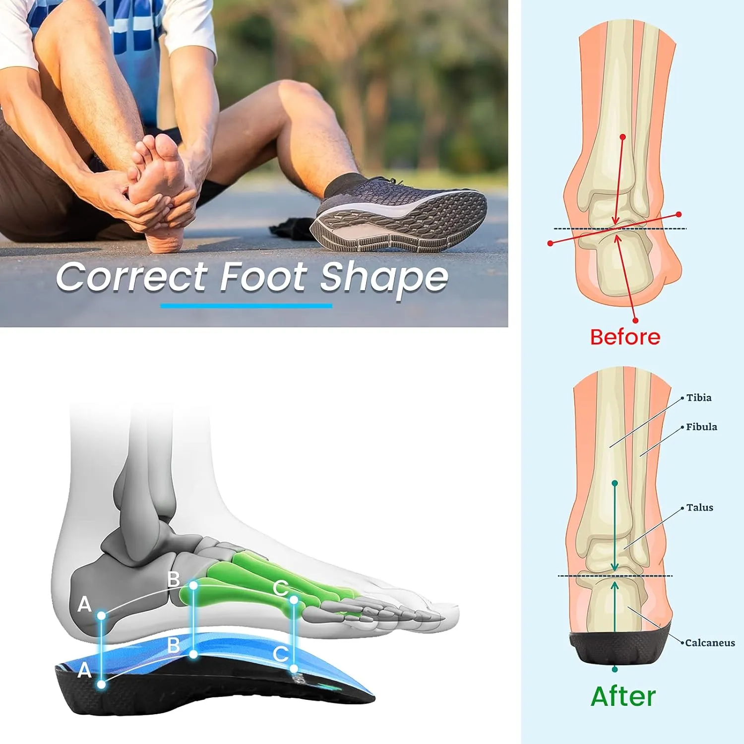 High Arch Support Insoles 3/4 Orthotic Inserts for Flat Feet Plantar Fasciitis Relief Overpronation, Shoes Insoles for Men Women Running, Black and Blue(M:Men 6.5-8.5, Women 7.5-9.5)