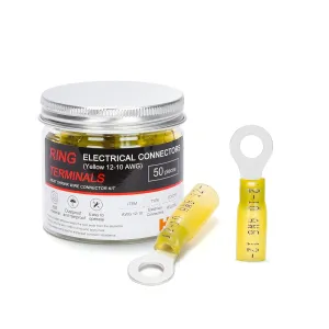 HKS 50 PCS Ring Terminals 1/4" M6 Yellow 12-10 AWG - M6 - Electrical Connectors - Heat Shrink Wire Connector Kit - Tinned Red Copper - Automotive Marine Ring Connectors - Waterproof and Insulated