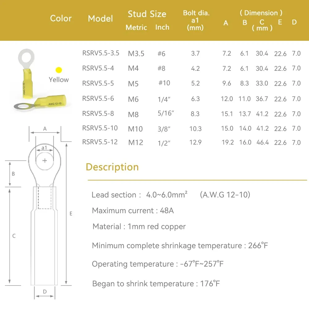 HKS 50 PCS Ring Terminals 1/4" M6 Yellow 12-10 AWG - M6 - Electrical Connectors - Heat Shrink Wire Connector Kit - Tinned Red Copper - Automotive Marine Ring Connectors - Waterproof and Insulated