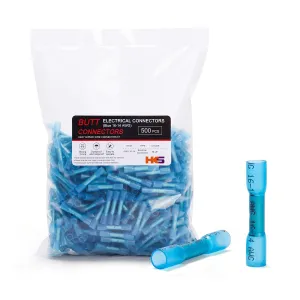 HKS 500 PCS Heat Shrink Butt Connector Blue 16-14 AWG - Electrical Connectors - Tinned Red Copper 0.8mm - Automotive Marine Stereo Boat Crimp - Waterproof and Insulated
