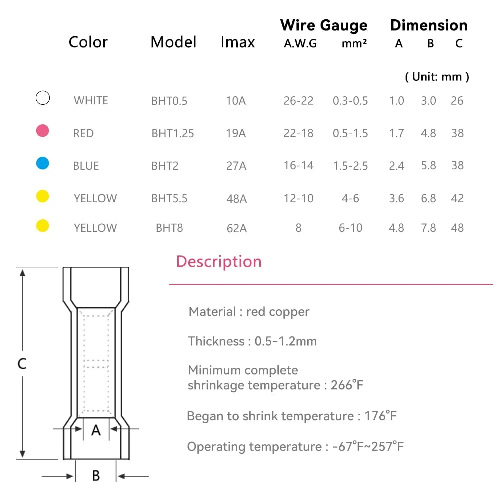 HKS 500 PCS Heat Shrink Butt Connector Blue 16-14 AWG - Electrical Connectors - Tinned Red Copper 0.8mm - Automotive Marine Stereo Boat Crimp - Waterproof and Insulated