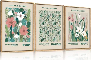 HLNIUC Flower Market Wall Art Prints, Boho Floral Wall Decor, Large Matisse Sage Green 16"x24" Framed Art Set of 3, Abstract Colorful Botanical Painting for Living Room, Bedroom, Office
