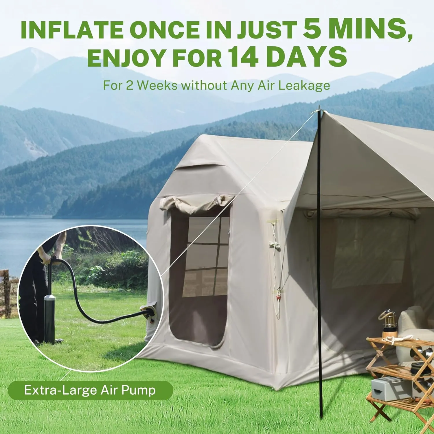 HOMEFUN 4 Person Inflatable Tent with Air Pump, All-Weather Blow Up Tent with Privacy Divider, Easy Setup & Privacy Divider for Camping