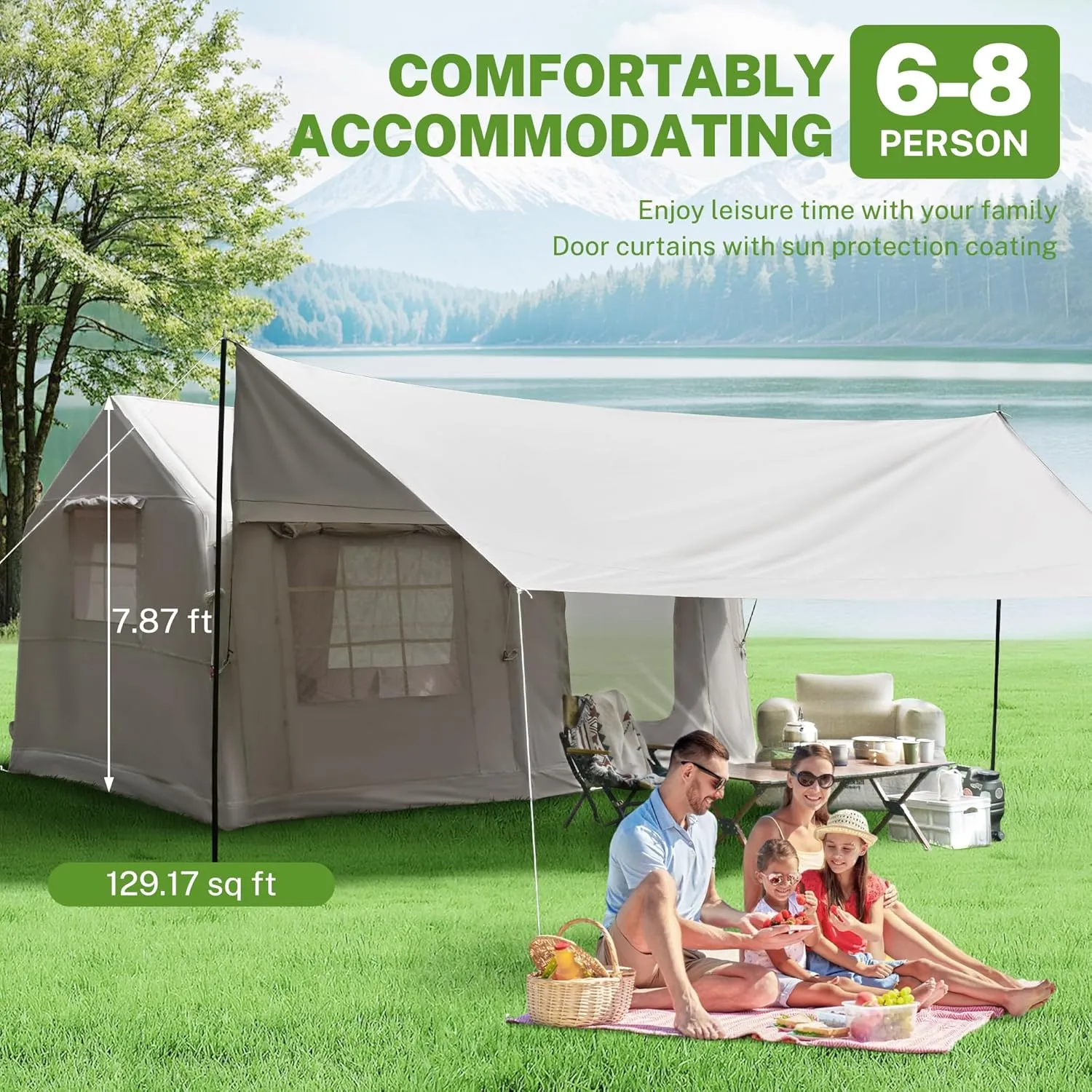 HOMEFUN 4 Person Inflatable Tent with Air Pump, All-Weather Blow Up Tent with Privacy Divider, Easy Setup & Privacy Divider for Camping