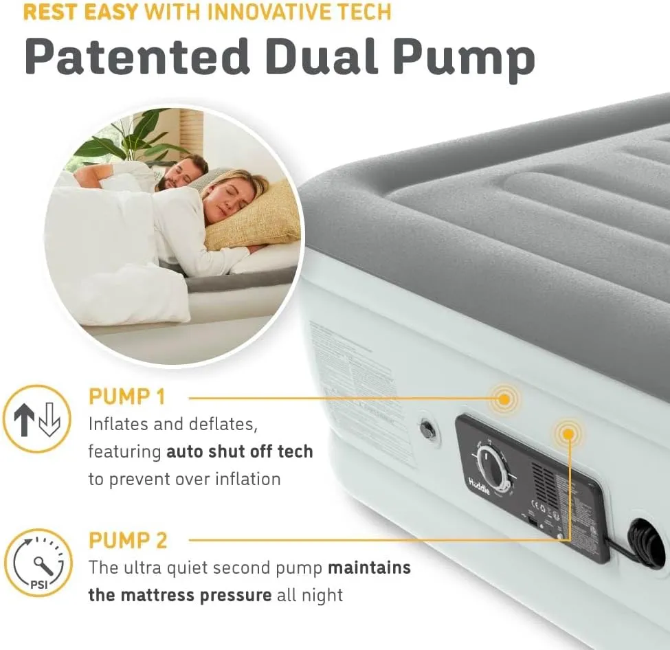 Huddle Luxury Air Bed with Patented Dual Pump SlumberGuard™ Premium Technology | Self-Inflation and Anti-Deflate Airbed Tech | Comfort Inflatable Air Mattress | Queen Size