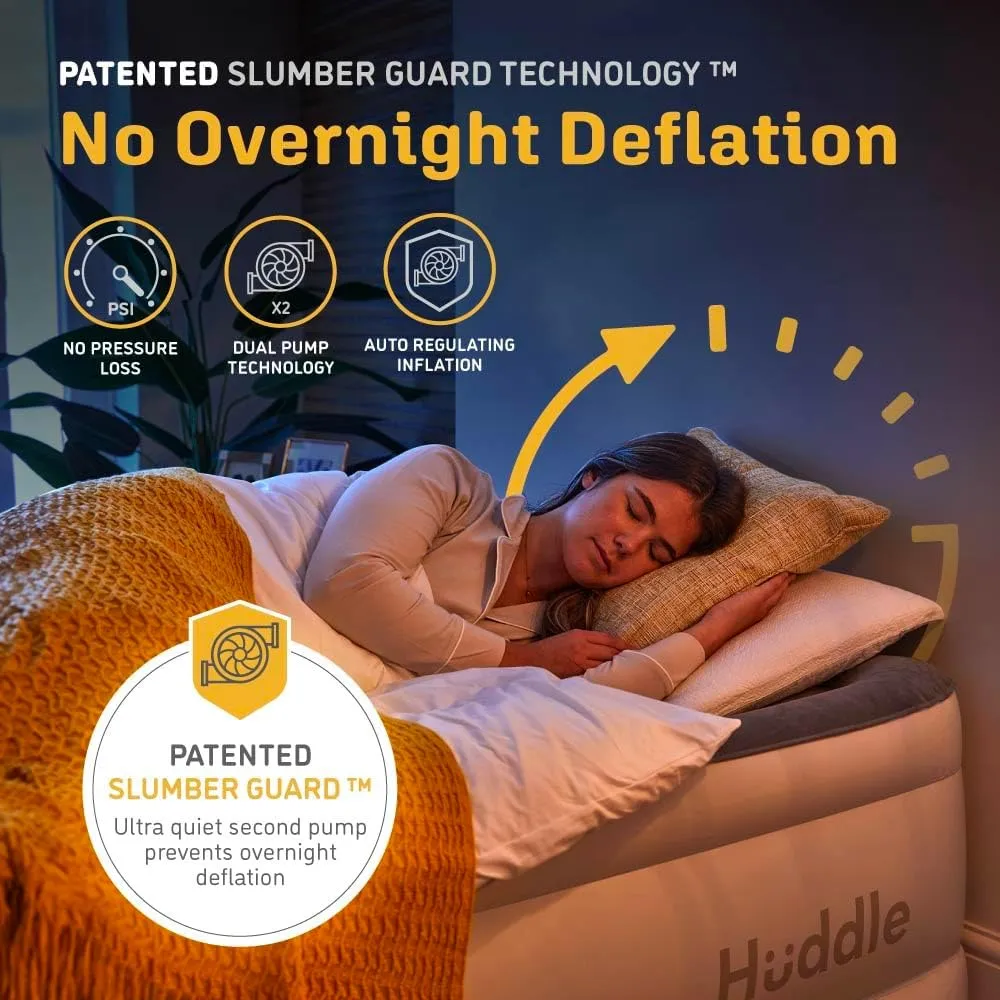 Huddle Luxury Air Bed with Patented Dual Pump SlumberGuard™ Premium Technology | Self-Inflation and Anti-Deflate Airbed Tech | Comfort Inflatable Air Mattress | Queen Size