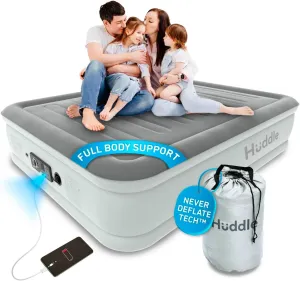Huddle Luxury Air Bed with Patented Dual Pump SlumberGuard™ Premium Technology | Self-Inflation and Anti-Deflate Airbed Tech | Comfort Inflatable Air Mattress | Queen Size
