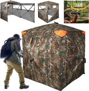 Hunting Blind 360 Degree See Through Double Door Ground Blind for Hunting, 2/3 Person Pop Up Portable Camouflage Deer/Turkey Tent with Blaze Orange Safety Panels
