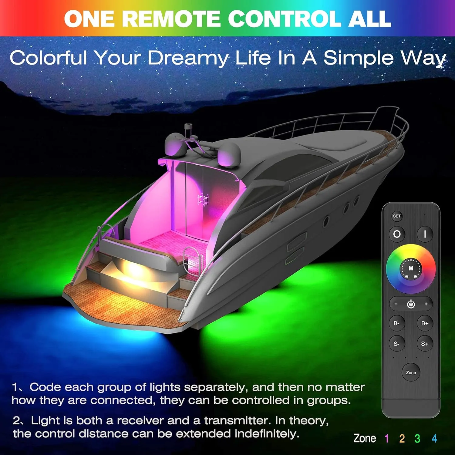 HUSUKU GT10 6000LM Boat Underwater Lights RGB Marine Color Light Kit, 7" 72LED 12V 60W IP68 Waterproof 2205 Stainless Wireless Grouping & Control Auto Sync for Yacht Boat Dock Transom Pontoon Light