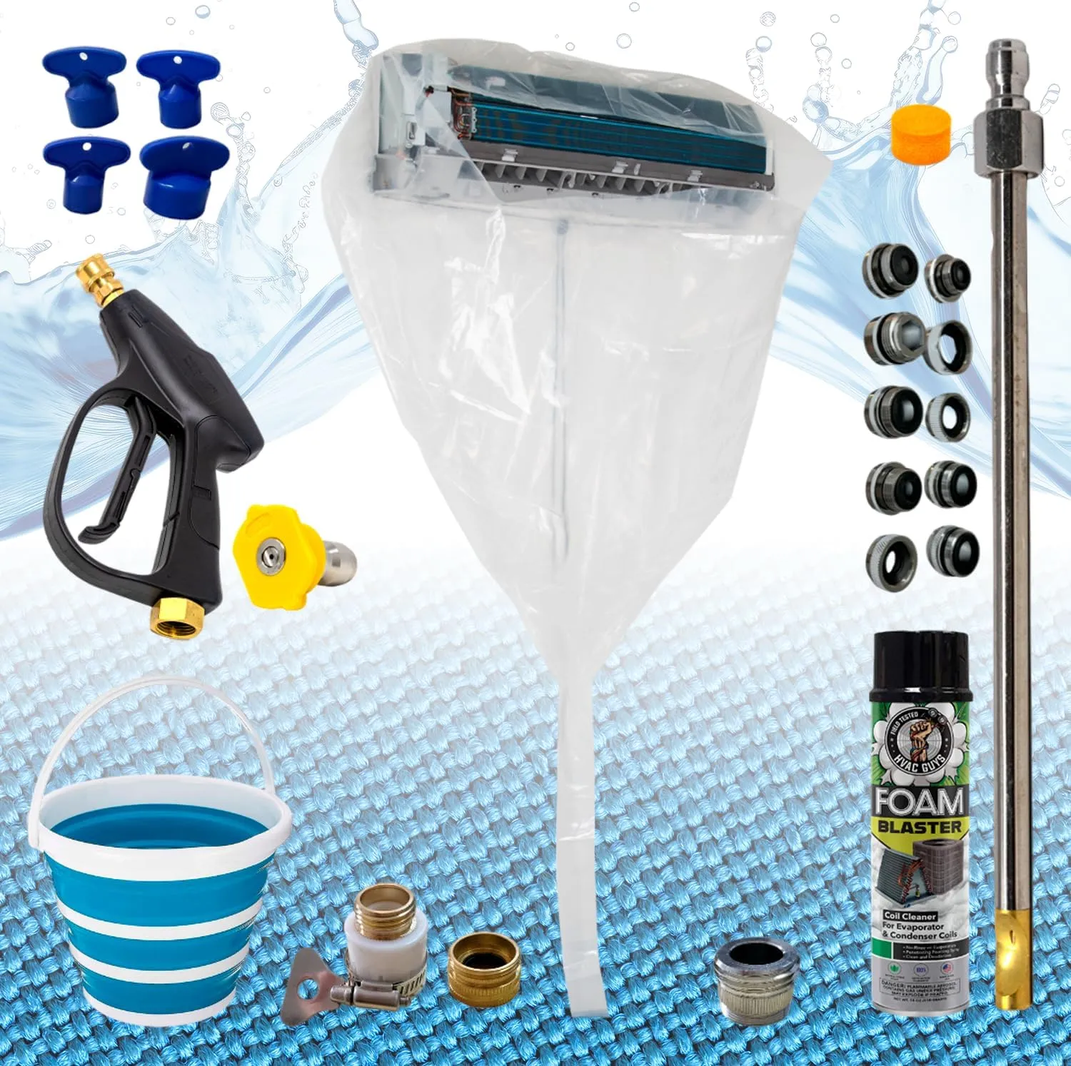 HVAC Guys Complete Mini Split Cleaning Kit | Mini Split Coil Cleaner Kit Includes 360 Degree Mini Split Cleaning Bag, Bucket, Spray Nozzle, Coil Cleaner, Faucet/Hose Adapter