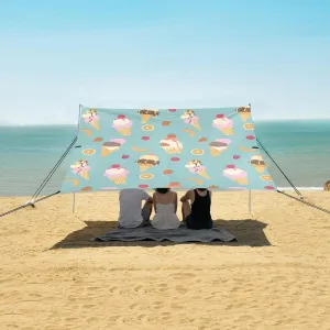 Ice Cream Pattern Beach Canopy Tent Anti-UV & Wind Resistant, Camping Sun Shelter Easy Setup Portable,Outdoor Shade Tents with Sandbags,Sand Shovels,Ground Pegs & Stability Poles