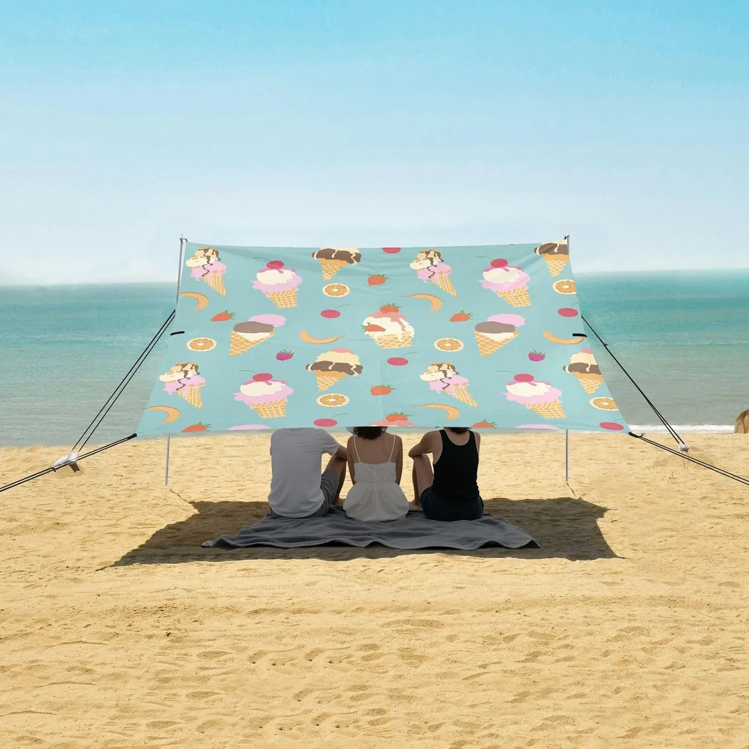 Ice Cream Pattern Beach Canopy Tent Anti-UV & Wind Resistant, Camping Sun Shelter Easy Setup Portable,Outdoor Shade Tents with Sandbags,Sand Shovels,Ground Pegs & Stability Poles