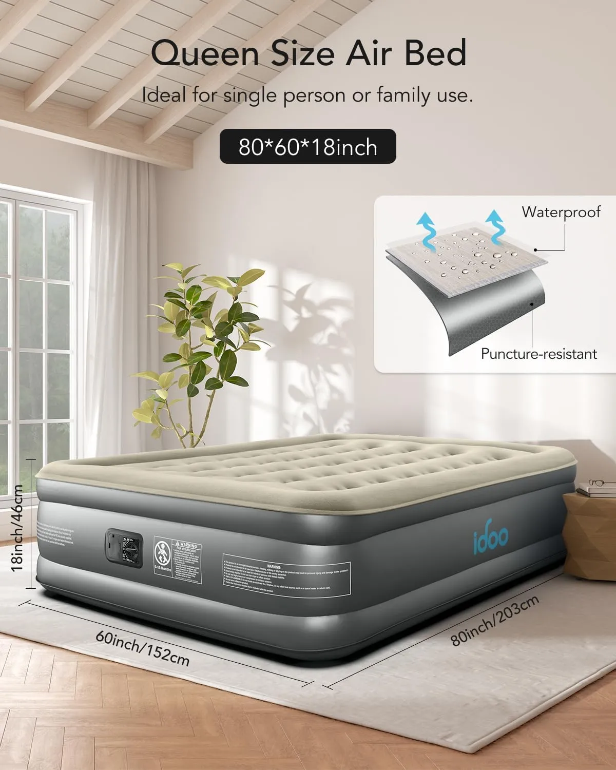 iDOO Luxury Air Mattress with Built in Pump, Queen Size Inflatable Mattress for Camping, Guests, 18" Raised Comfort Blow up Mattress, Portable & Waterproof Air Bed, Colchon Inflable