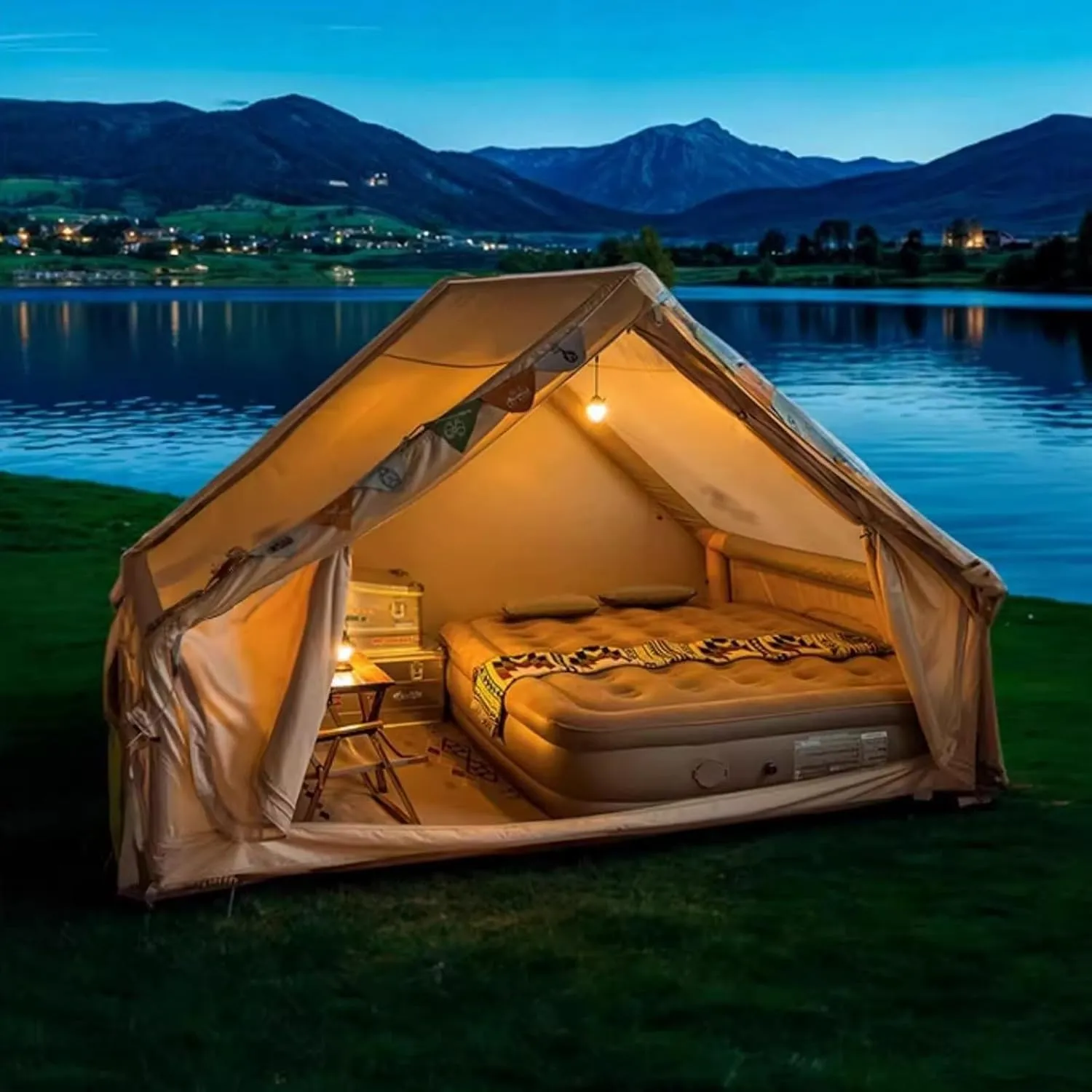 Inflatable Camping Tent, 2-4 Person Family Tent with Skylights, Pump and Relief Valve, 4 Season Waterproof Oxford Cloth, Easy Setup, Panorama Gate, Sport Tent for Camping, Picnics(16 Square metre)