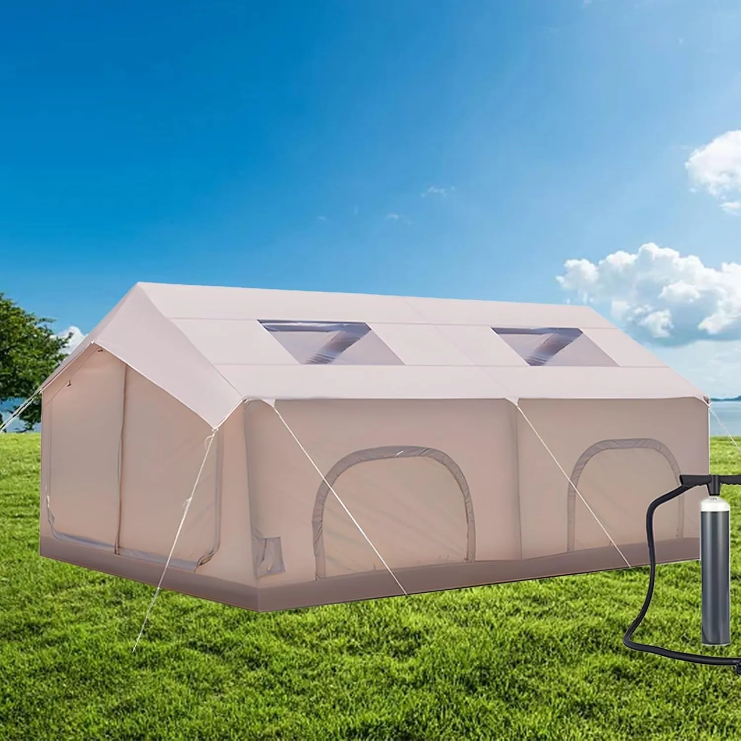 Inflatable Camping Tent, 2-4 Person Family Tent with Skylights, Pump and Relief Valve, 4 Season Waterproof Oxford Cloth, Easy Setup, Panorama Gate, Sport Tent for Camping, Picnics(16 Square metre)