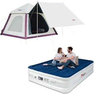 Inflatable Camping Tent, Easy Setup 4 Season Blow Up Tent   Air Mattress Queen with Built in Pump, 18" Inflatable Mattress