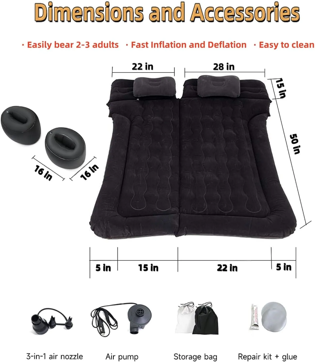 Inflatable Car Air Mattress SUV Mattress Thickened Travel Camping Bed with 2 Pillows & Electric Pump Dedicated Mobile Inflatable Bed for Car SUV MPV Rear Seat Car Sleeping Bed for Outdoor and Travel