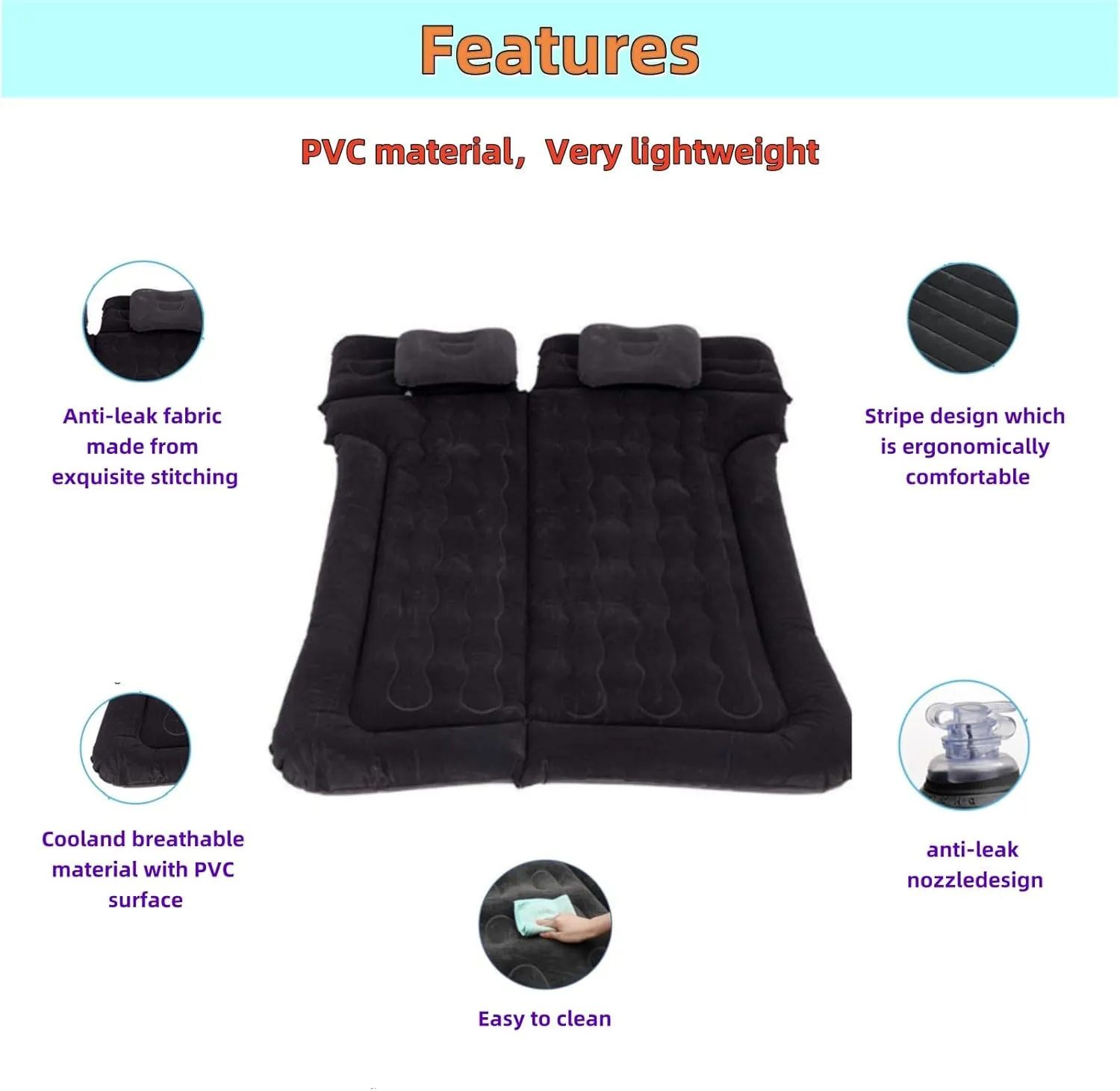 Inflatable Car Air Mattress SUV Mattress Thickened Travel Camping Bed with 2 Pillows & Electric Pump Dedicated Mobile Inflatable Bed for Car SUV MPV Rear Seat Car Sleeping Bed for Outdoor and Travel