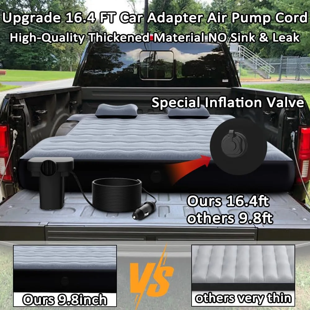Inflatable Full-Size Short Truck Bed Air Mattress 16.4FT Car Air Pump Cord Carry Bag for Outdoor Truck Camping Grey