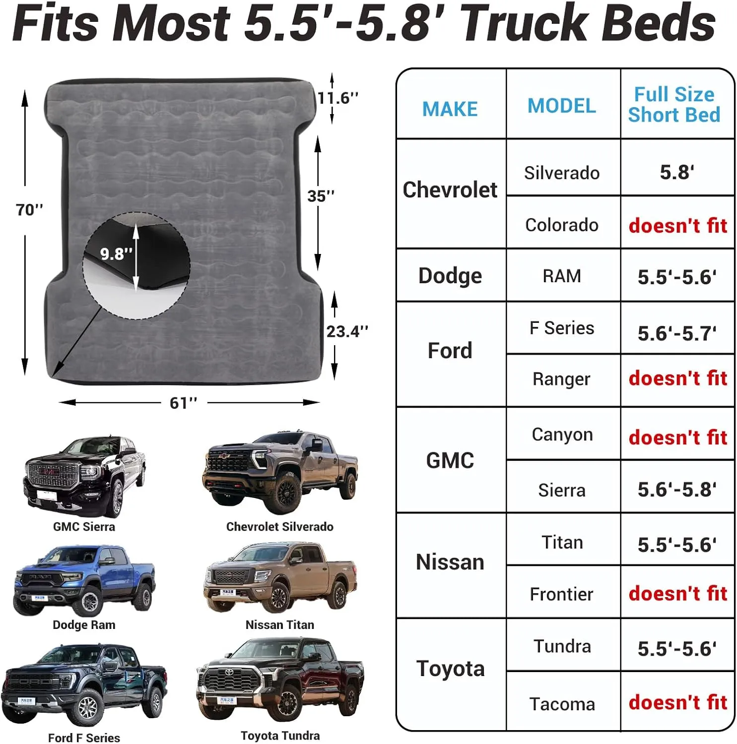 Inflatable Pickup Truck Beds Air Mattress for 5.5-5.8Ft with Air Pump,Thickened Flocking Full Size Short Camping Inflatable Blow Up Mattress with 2 Pillows,Outdoor Camping Car Travel