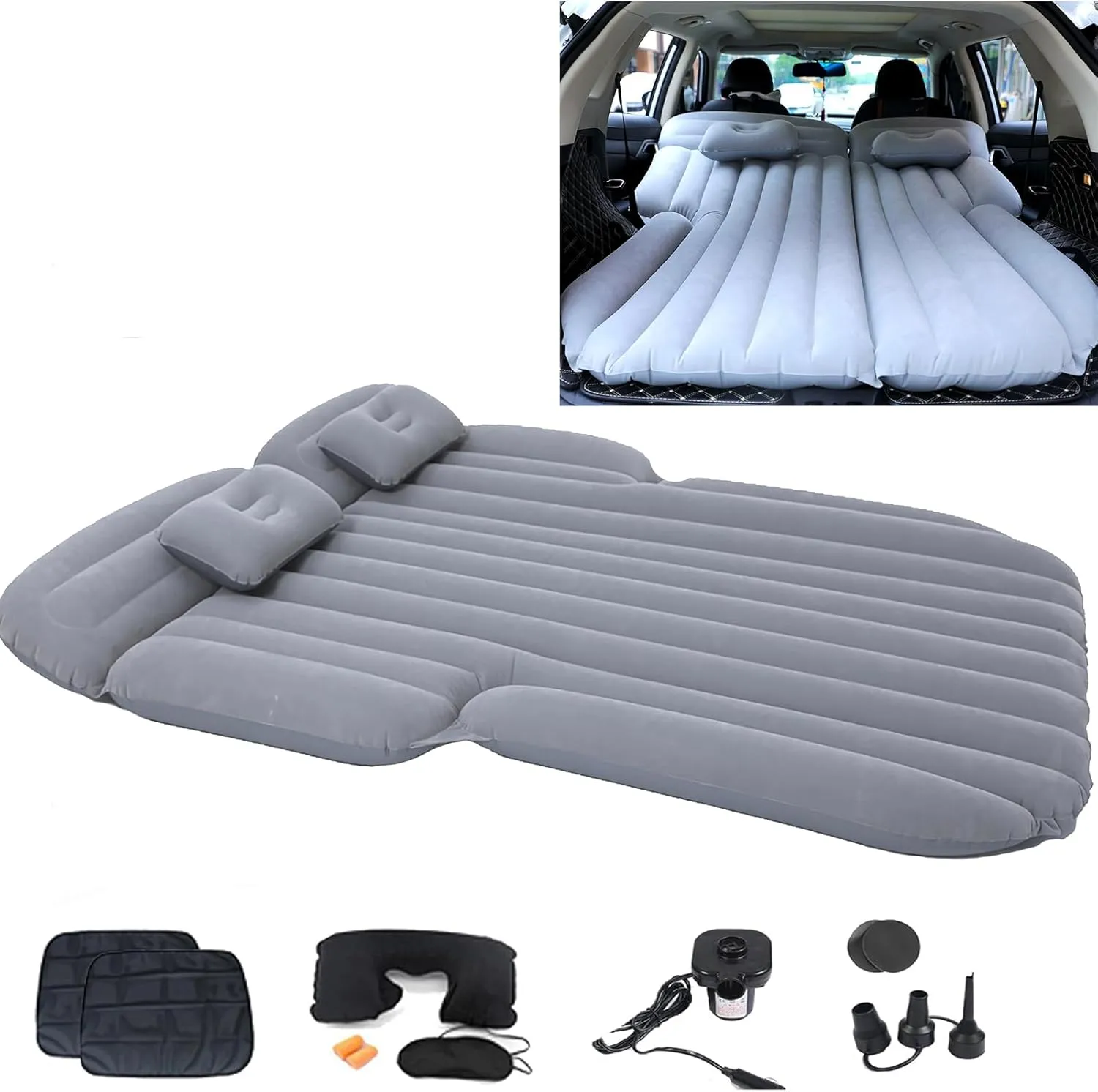 Inflatable SUV Air Mattress 3 in 1 Thickened Flocking Inflatable Car Camping Travel Air Mattress with 2 Pillows & Air Pump,Portable Car Sleeping Bed for SUV|MPV|Minivan