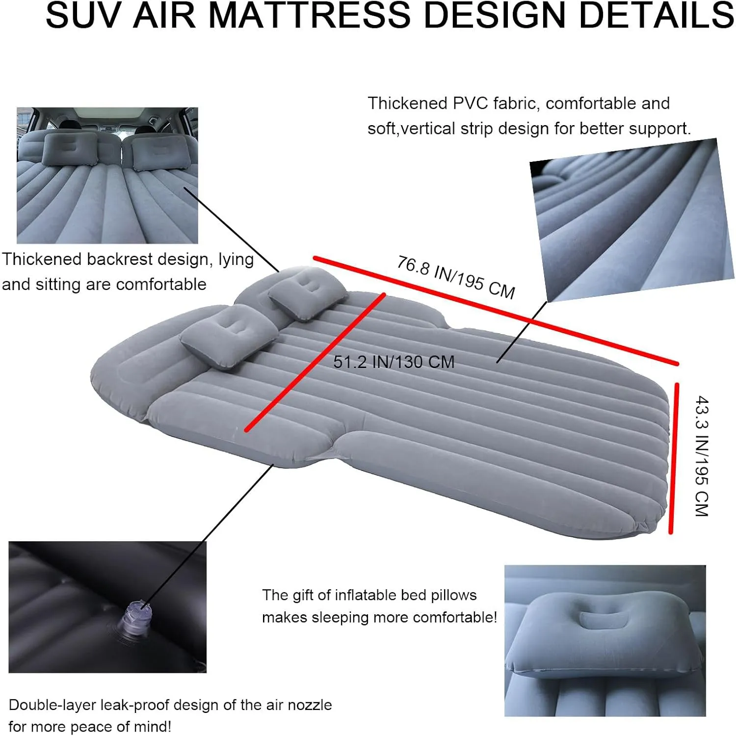 Inflatable SUV Air Mattress 3 in 1 Thickened Flocking Inflatable Car Camping Travel Air Mattress with 2 Pillows & Air Pump,Portable Car Sleeping Bed for SUV|MPV|Minivan