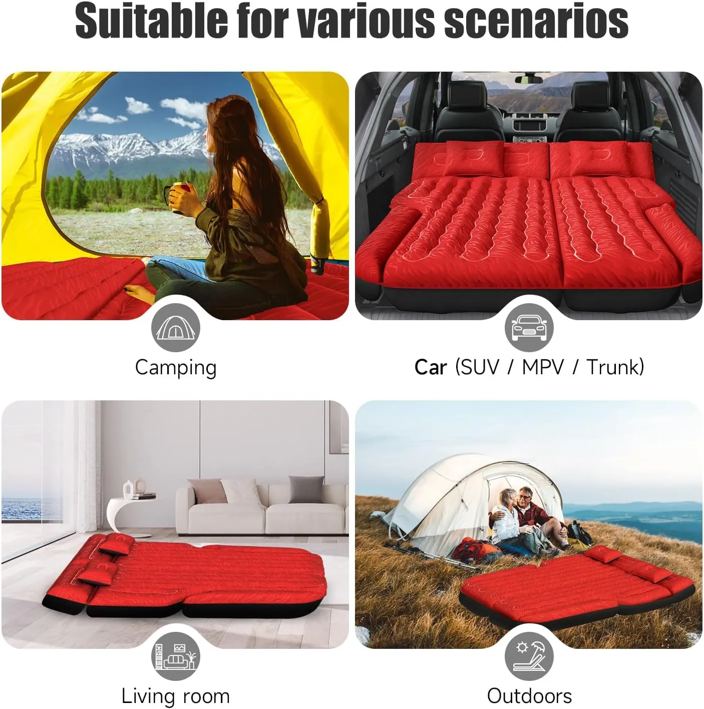 Inflatable SUV Air Mattress Bed Car Mattress for SUV, Double-Sided Flocking Travel Camping Bed Car Air Mattress, Car Sleeping Mattress Bed for Universal SUV with Car Air Pump 2 Pillows