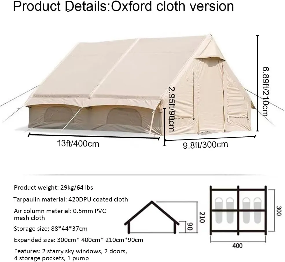 Inflatable Tents with Pump,2-4 Person Blow Up Tent with Stove Jack Hole,4 Season Large Pop-Up Tents,Easy Setup