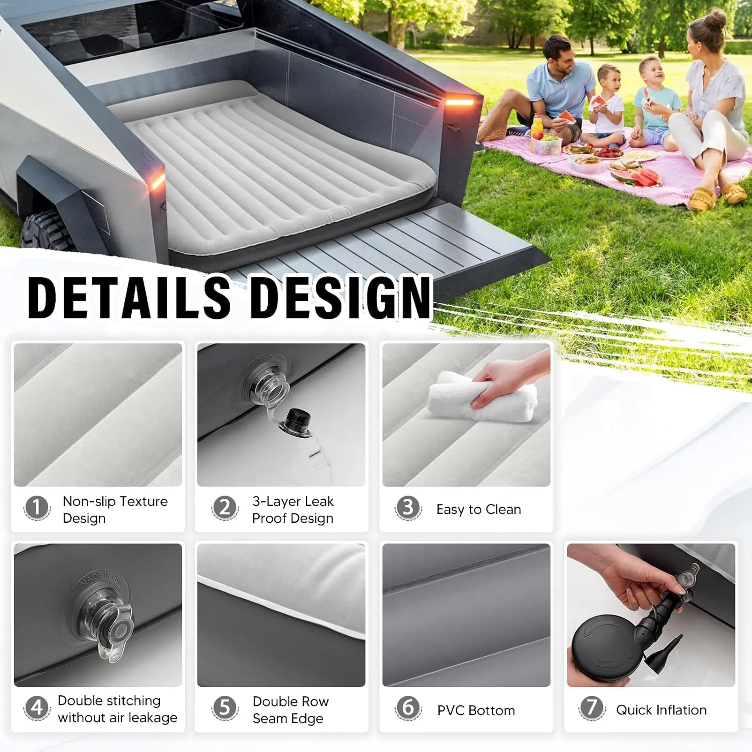 Inflatable Truck Bed Air Mattress for Tesla Cybertruck 2024 2025 Accessories Thicken Air Mattress Sleeping Truck Tent Beds for Outdoor Camping Travel Inflatable Air Bed with Pump, Carry Bag