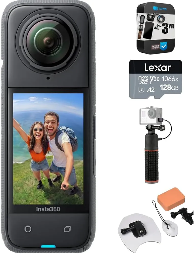Insta360 CINSABMA X4 360 Camera 284752: Tiny 2.7K Action Cam, Hands-Free POV, Waterproof Bundle with 3 YR CPS Enhanced Protection Pack, 128GB Memory Card, All-in-1 Surf Kit & Compact Power Grip