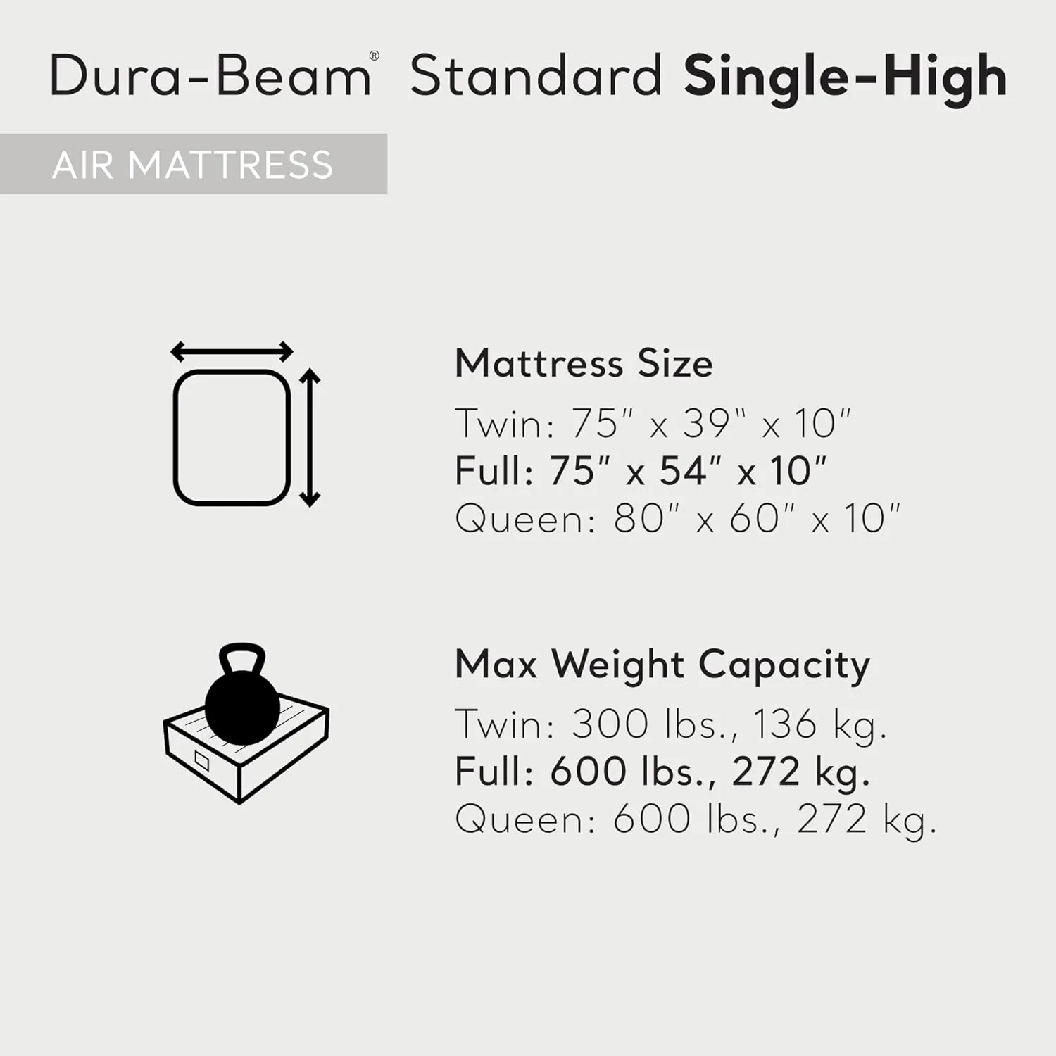 Intex 64102E Dura-Beam Standard Single-High Air Mattress: Fiber-Tech – Full Size – 10in Bed Height – 600lb Weight Capacity – Pump Sold Separately