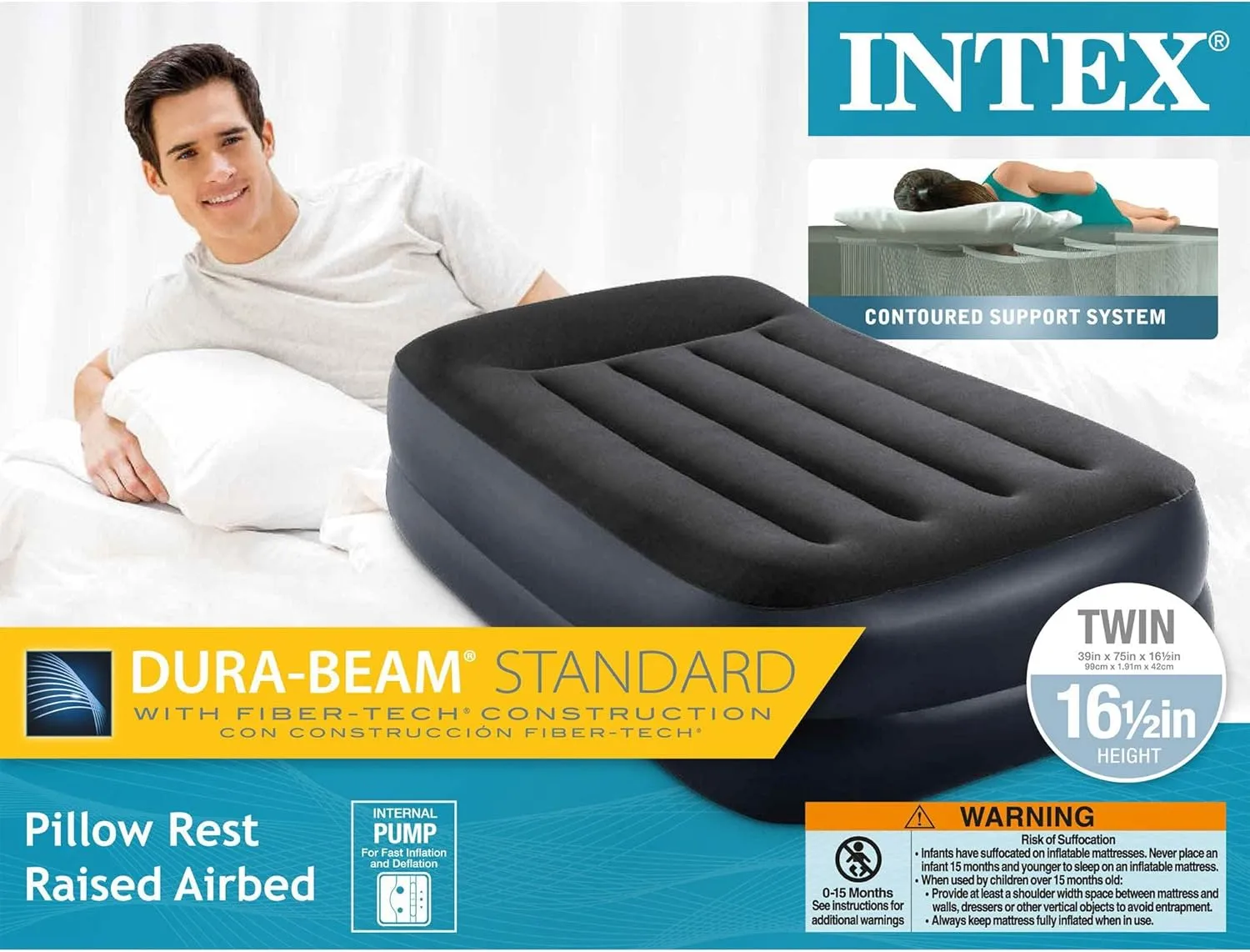 Intex Pillow Dura-Beam Series Rest Raised Airbed with Internal Pump (2020 Model)