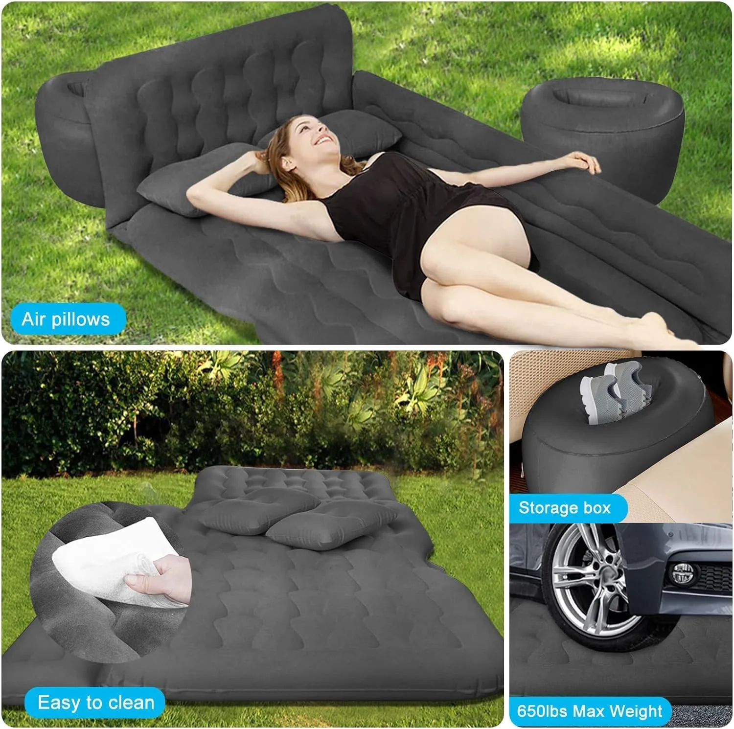 ISWEES Car Bed SUV Air Mattress, Car Air Mattress with Electric Pump, 2 Inflatable Pillows and 2 Footrests for Back Seat, Side Seat,Trunk Sleeping, Thickened Camping Bed - Black