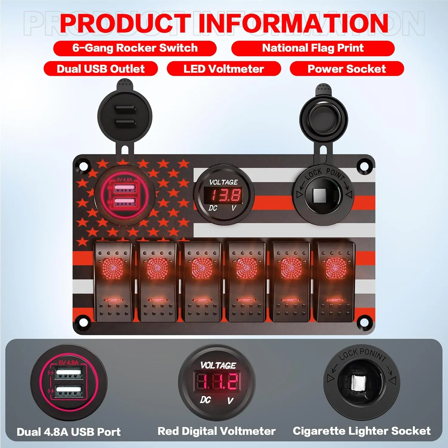 IZTOSS 6 Gang Multi Function Rocker Switch Red Backlit Dual USB Charger   Digital Voltmeter  12V Outlet Pre-Wired Waterproof Switch Panel for RVs Cars Boats Trucks Trailers.