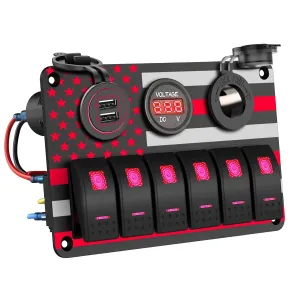 IZTOSS 6 Gang Multi Function Rocker Switch Red Backlit Dual USB Charger   Digital Voltmeter  12V Outlet Pre-Wired Waterproof Switch Panel for RVs Cars Boats Trucks Trailers.