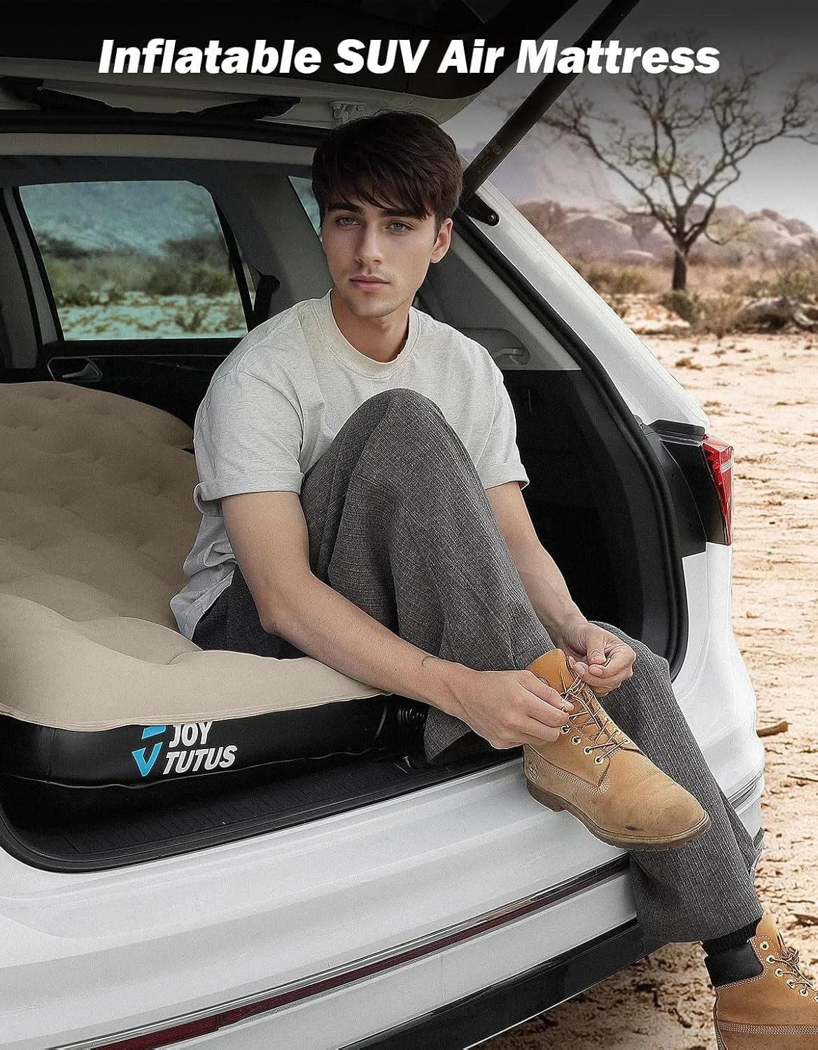 JOYTUTUS SUV Air Mattress for Car Camping, Upgraded Flocking and Extra Thick Oxford Surface Car Air Mattress, SUV Camping Bed Mattress,2-in-1 Air Pump, 2 Pillows & Carry Bag (Camel)