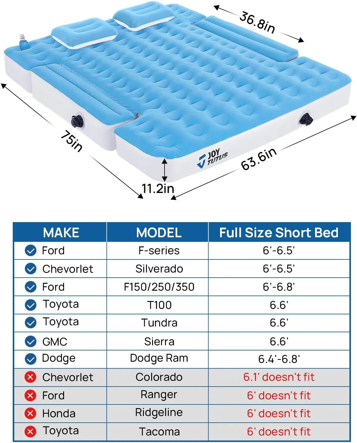 JOYTUTUS Truck Mattress for Camping,Air Bed with Inflatable Pillow for 6.4-6.7Ft, Full-Size Thicken Sleeping Pad with Cup Holder, Blow Up Bed for Car Truck Pickup F150, Blue