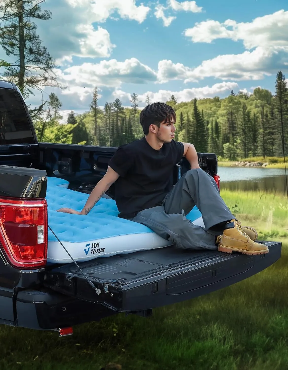 JOYTUTUS Truck Mattress for Camping,Air Bed with Inflatable Pillow for 6.4-6.7Ft, Full-Size Thicken Sleeping Pad with Cup Holder, Blow Up Bed for Car Truck Pickup F150, Blue