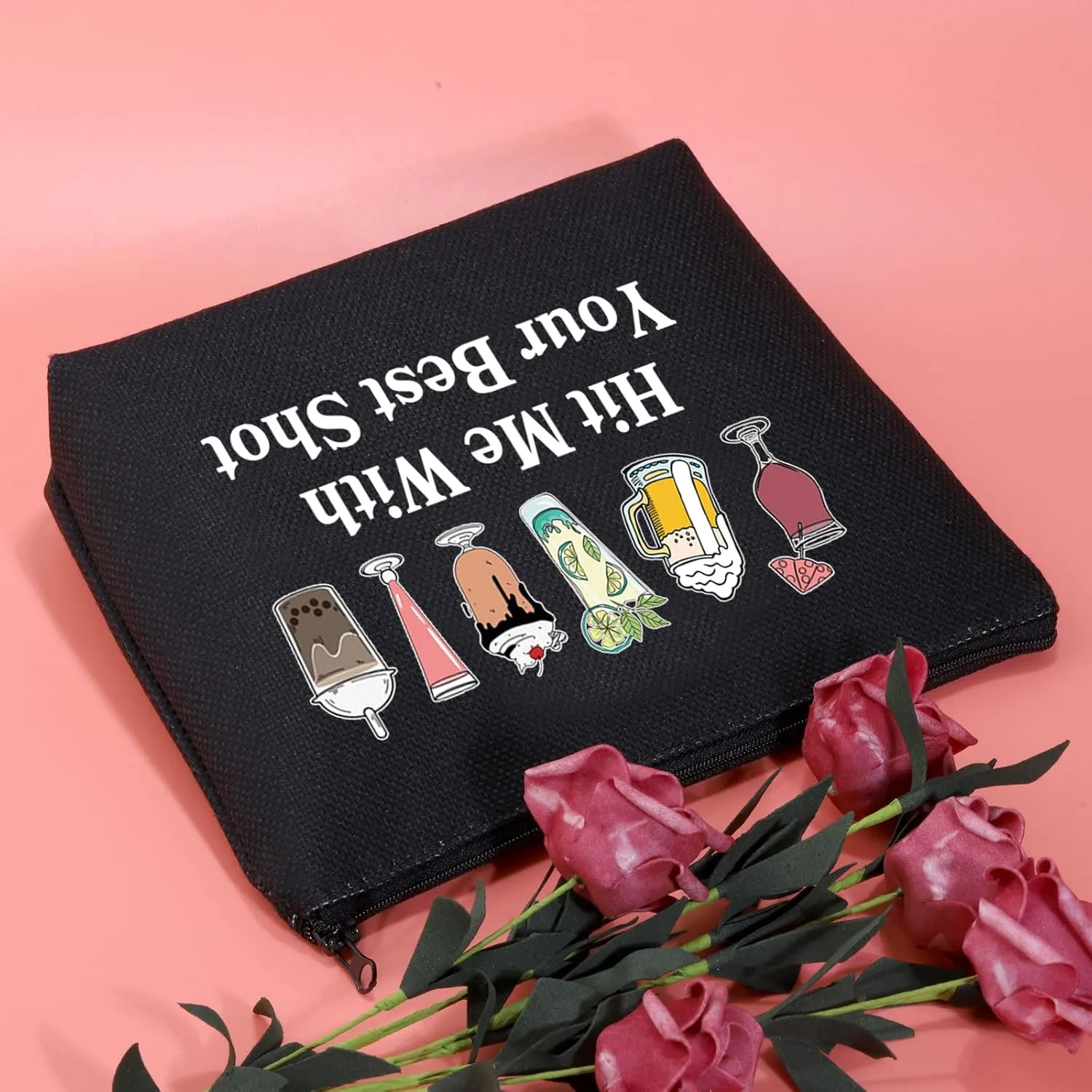 JXGZSO Funny Bartender Travel Kit Bag Margarita Makeup Zipper Bag Hit Me With Your Beat Shot Drinking Humor Gift (Hit Me With Your Beat Shot Black)