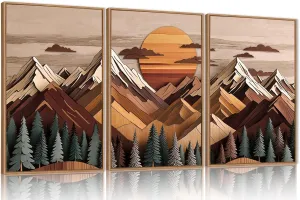 KAIRNE Woodcut Mountain Framed Canvas Wall Art Set, Nature Forest Wilderness Wall Decor, Pine Tree Wall Painting, Vintage Mountain Landscape Art Prints for Living Room, Bedroom, Office 16"x24"x3